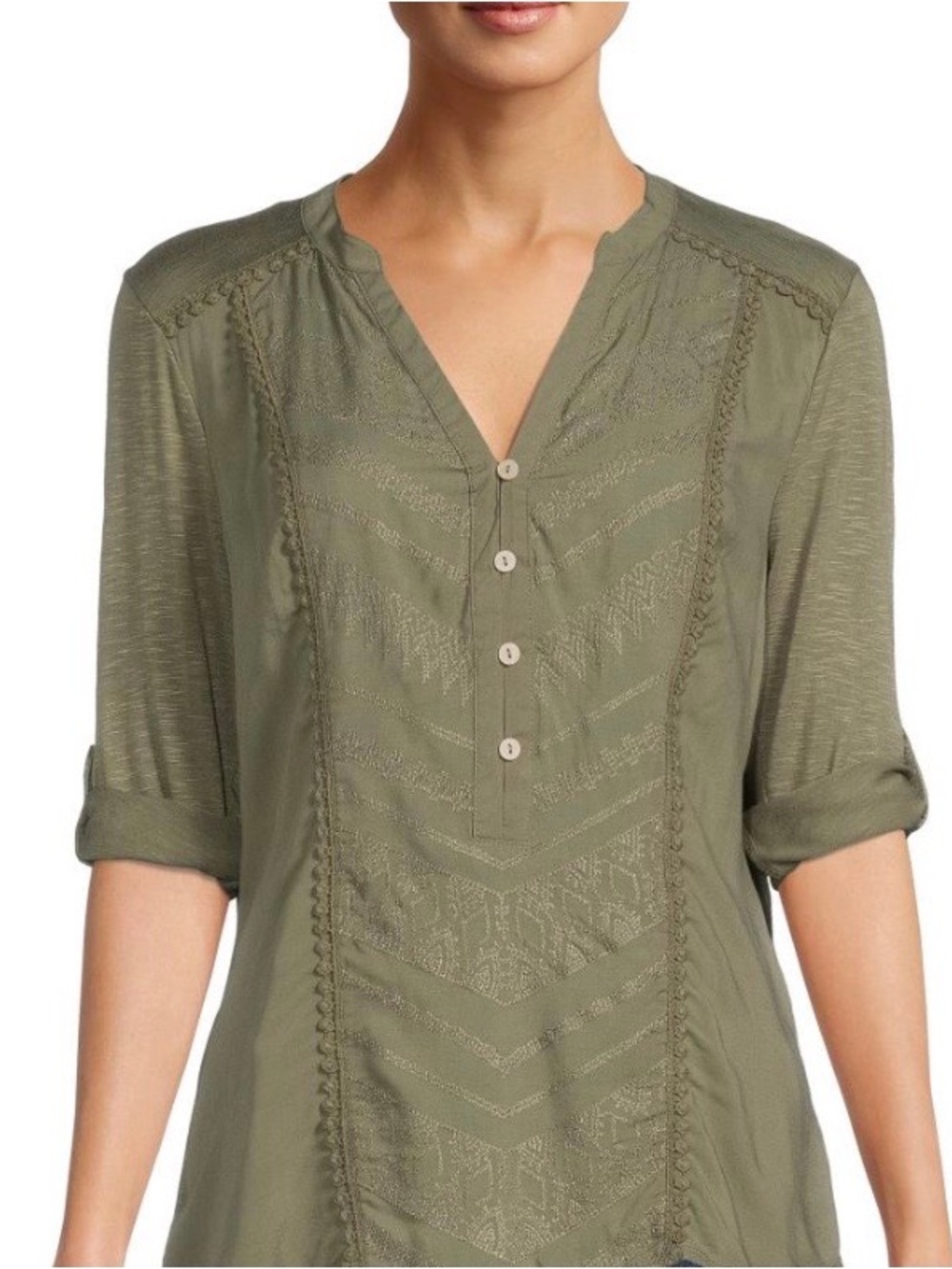 Democracy Sage Green Roll-Tab Sleeve Embroidered Lace Trim Henley - best fits S
